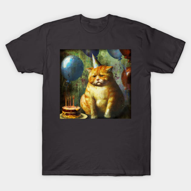 Unhappy birthday cat T-Shirt by Jellyworld